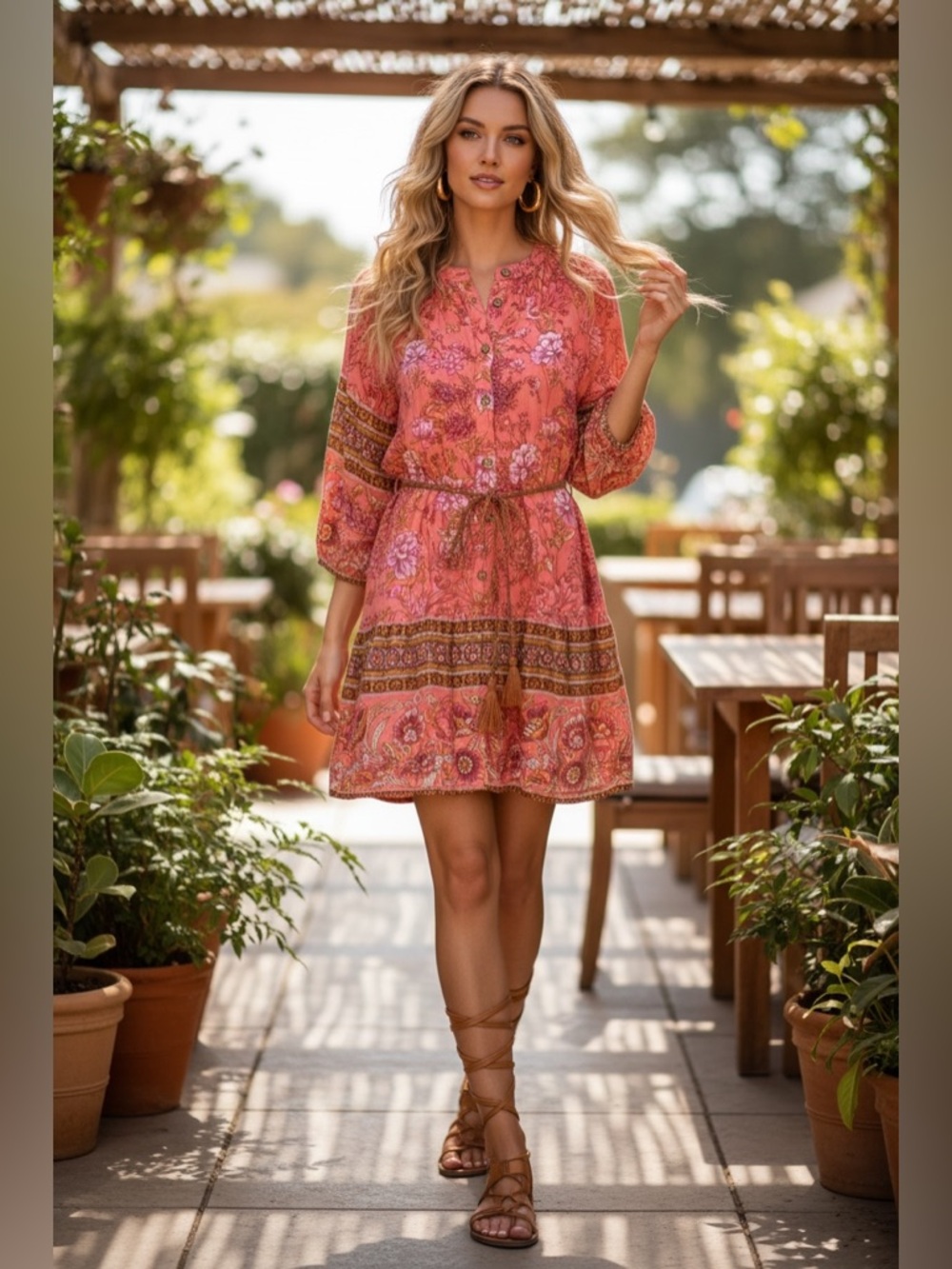 Umgee Coral Pink Boho Floral Tie-Waist Mini Dress